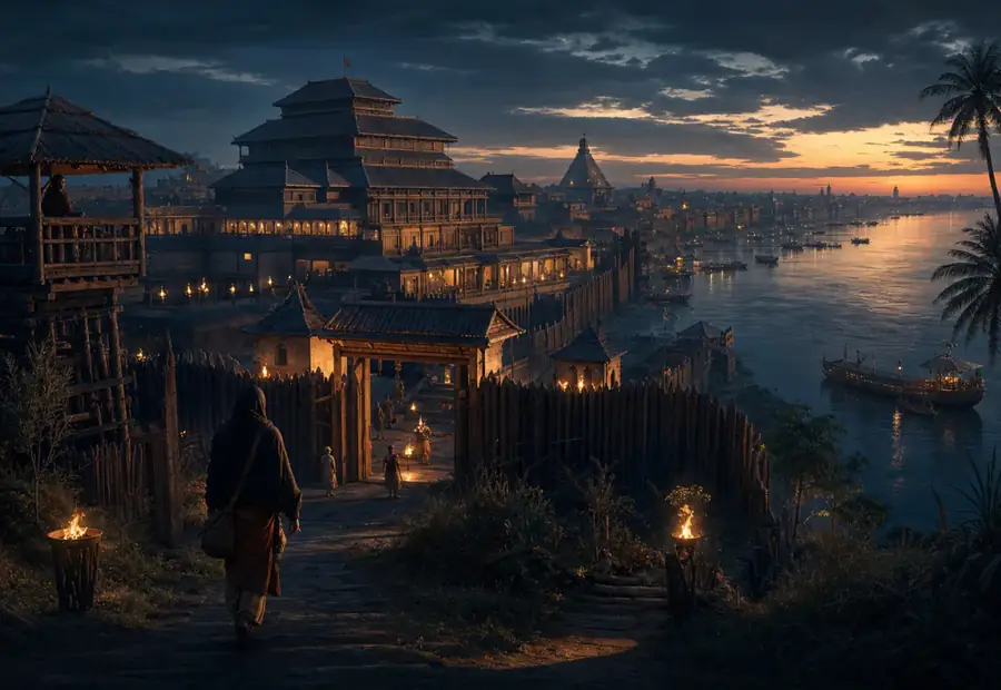A traveller on a lantern-lit road above a Mauryan river city at dusk