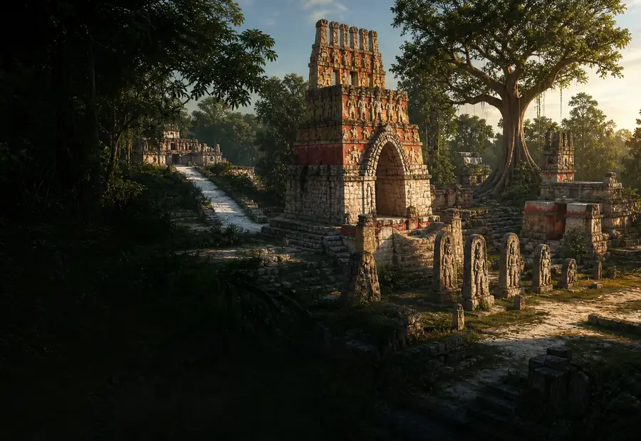A stone path through the forest to a painted Maya temple in morning light